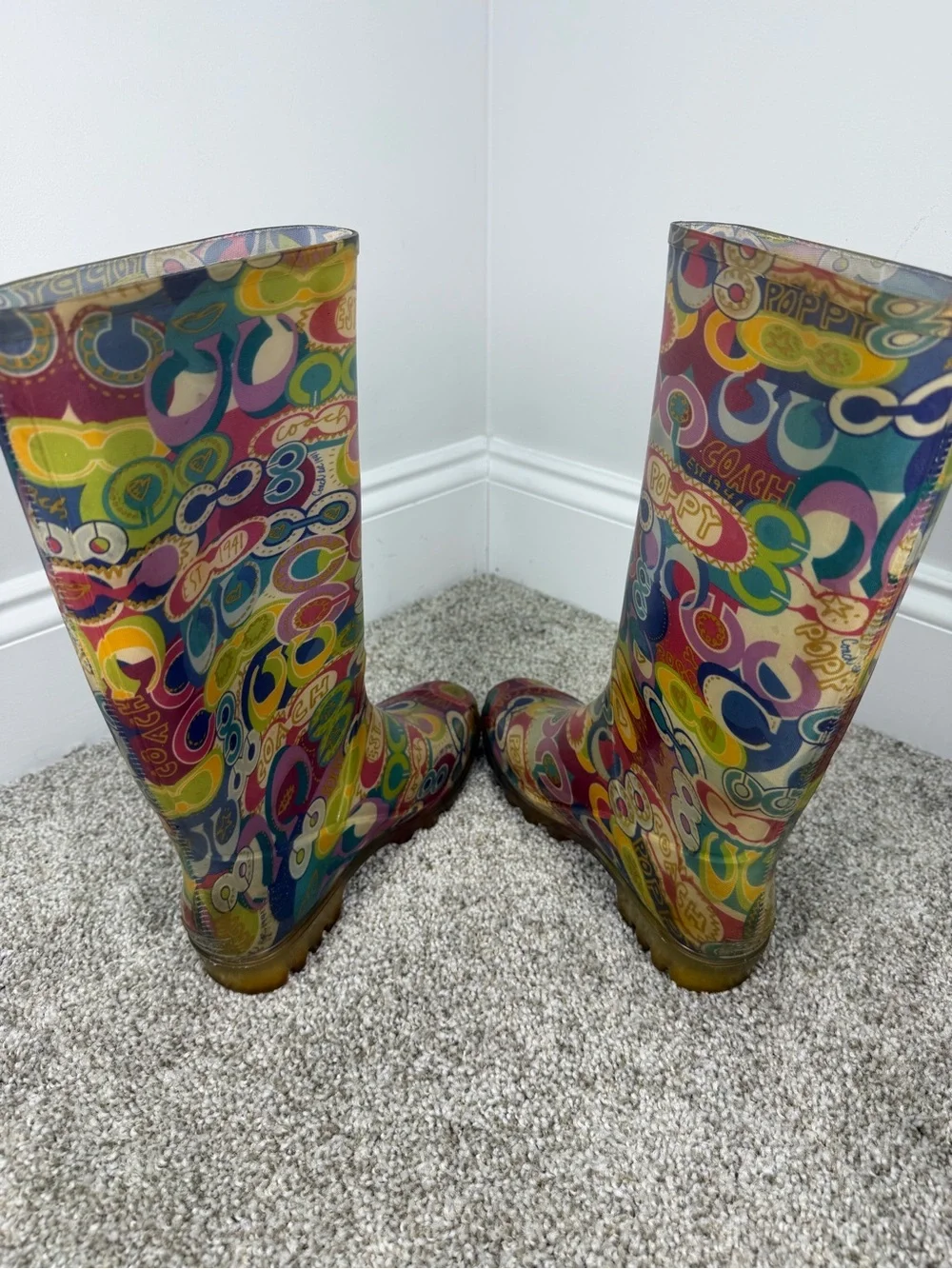 Coach Poppy Signature Logo Print Rain Boots Women’s Size 7 Multicolor Rubber